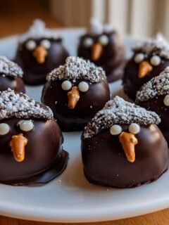 A plate featuring several adorable chocolate Snowmen Truffles decorated with powdered sugar 'snow' hats and candy features.