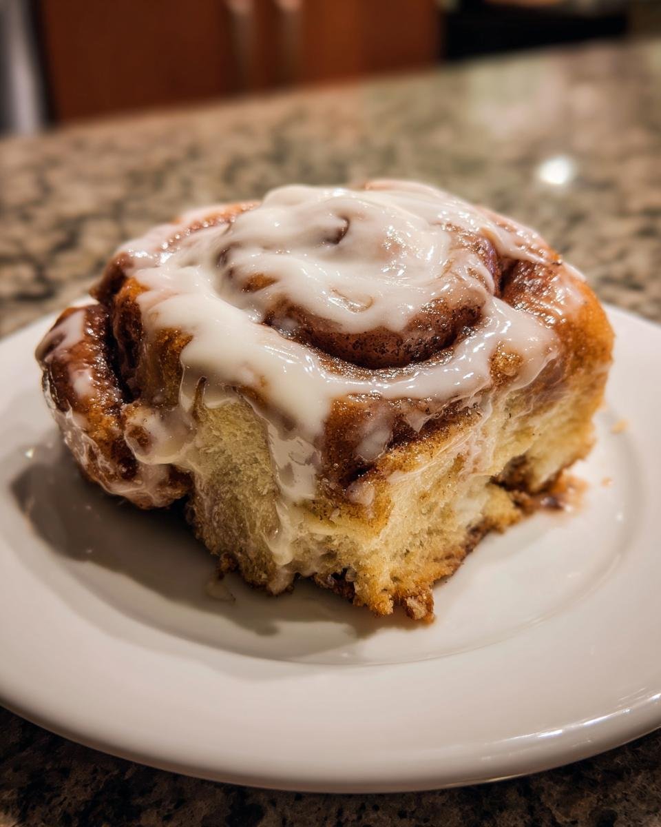 A close-up of a single, fluffy Christmas Cinnamon Roll generously topped with white cream cheese icing.
