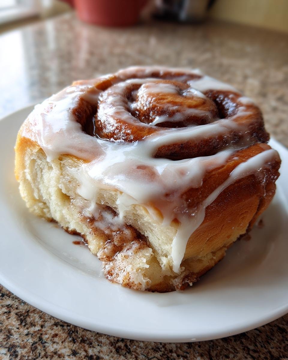 A close-up of a fluffy, freshly baked Christmas Cinnamon Roll topped with thick white icing.