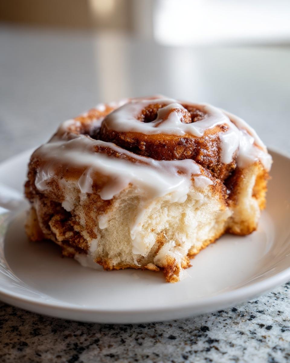 A close-up of a soft, freshly baked Christmas Cinnamon Roll topped with thick white icing.