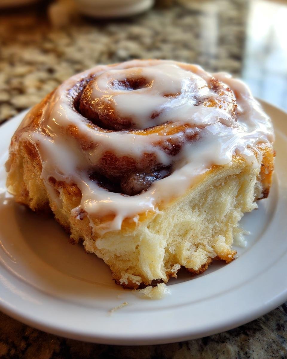 A close-up shot of a fluffy, freshly baked Christmas Cinnamon Roll generously topped with white icing.
