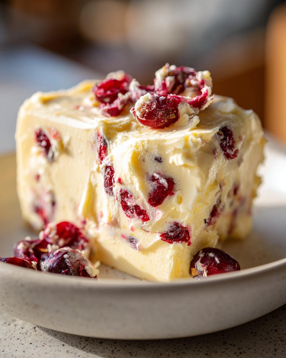 A close-up of a thick slice of homemade Cranberry Honey Butter studded with dried cranberries.