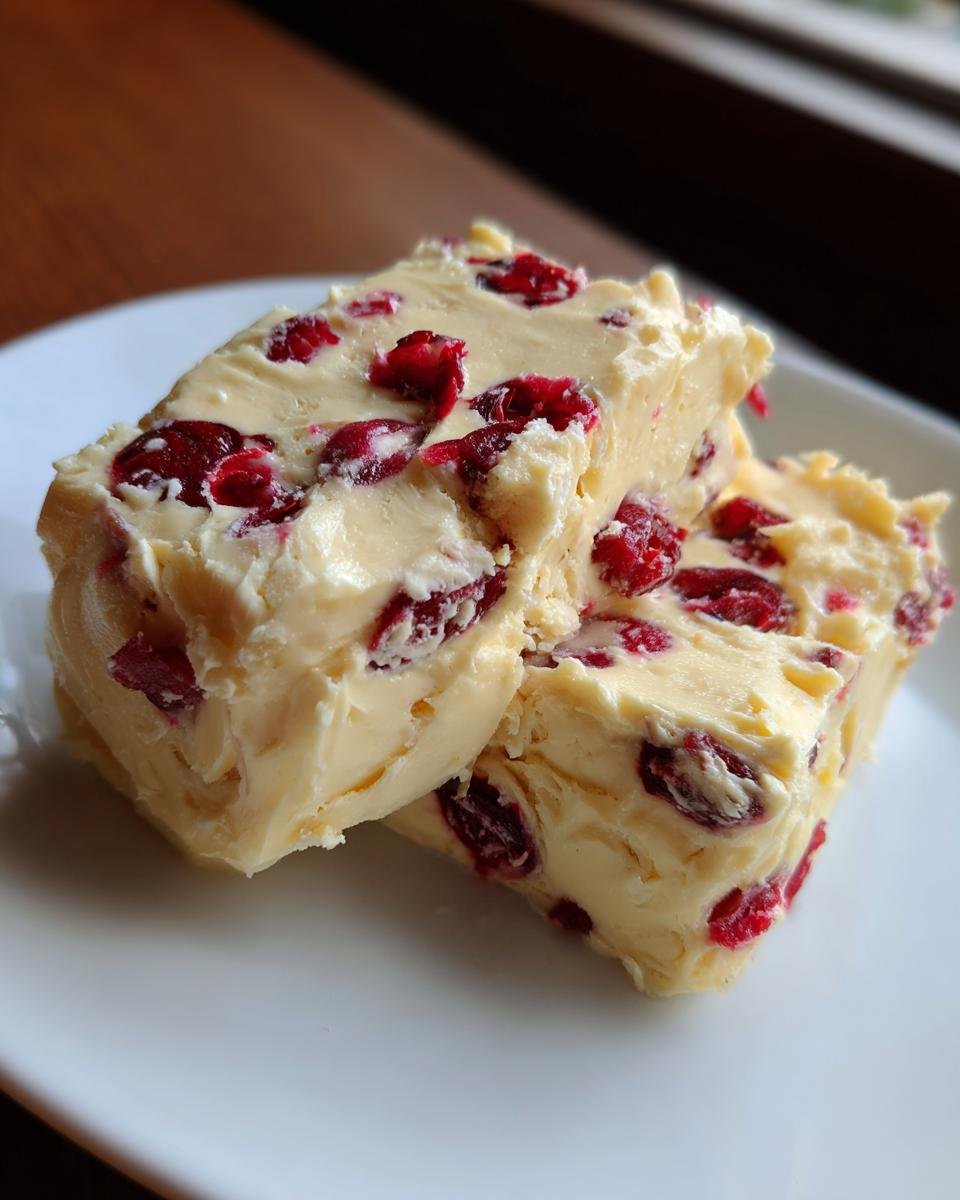 Two thick slices of homemade Cranberry Honey Butter, studded with red cranberries, resting on a white plate.