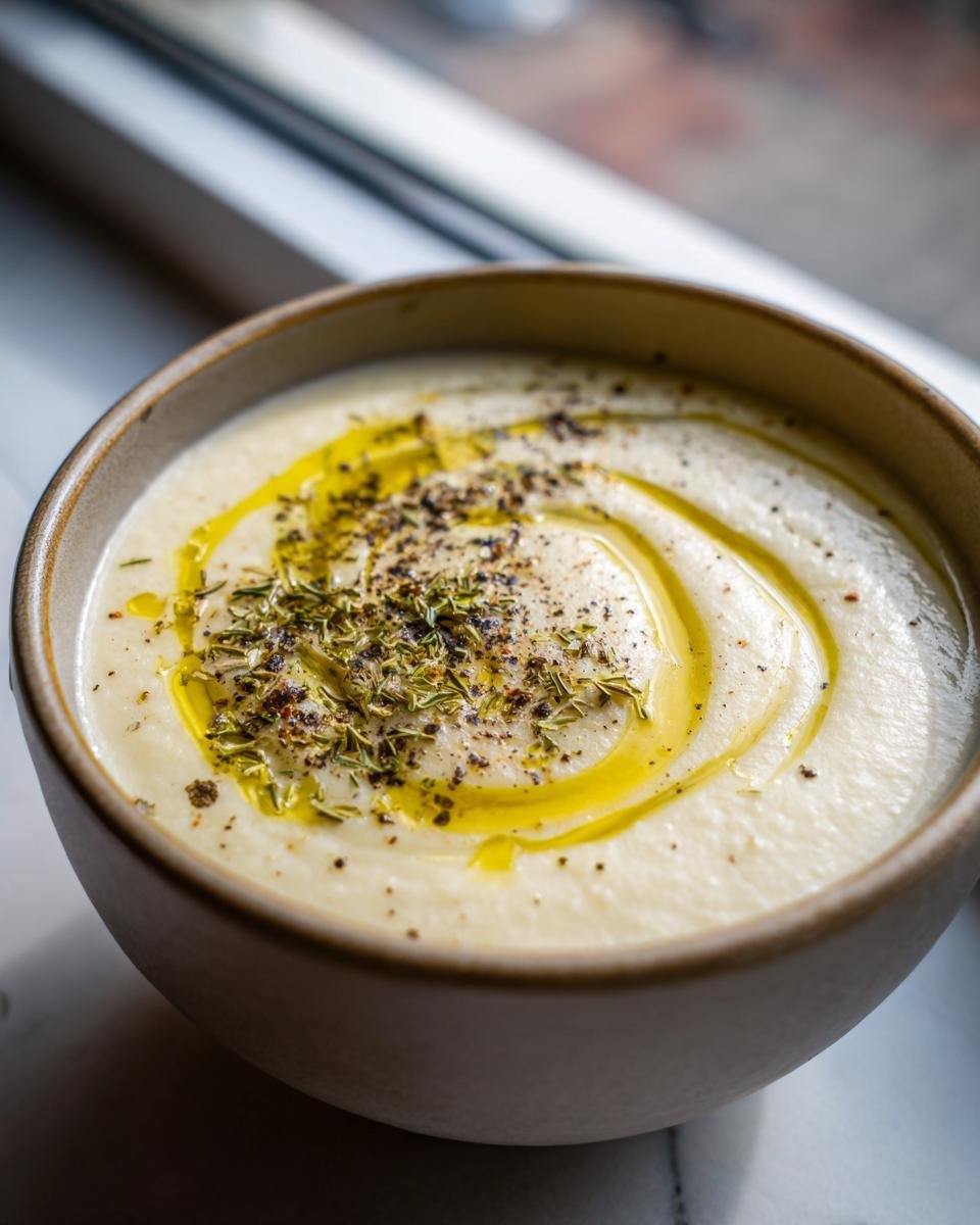 Close-up of creamy Cauliflower Soup topped with a swirl of olive oil, black pepper, and dried herbs.