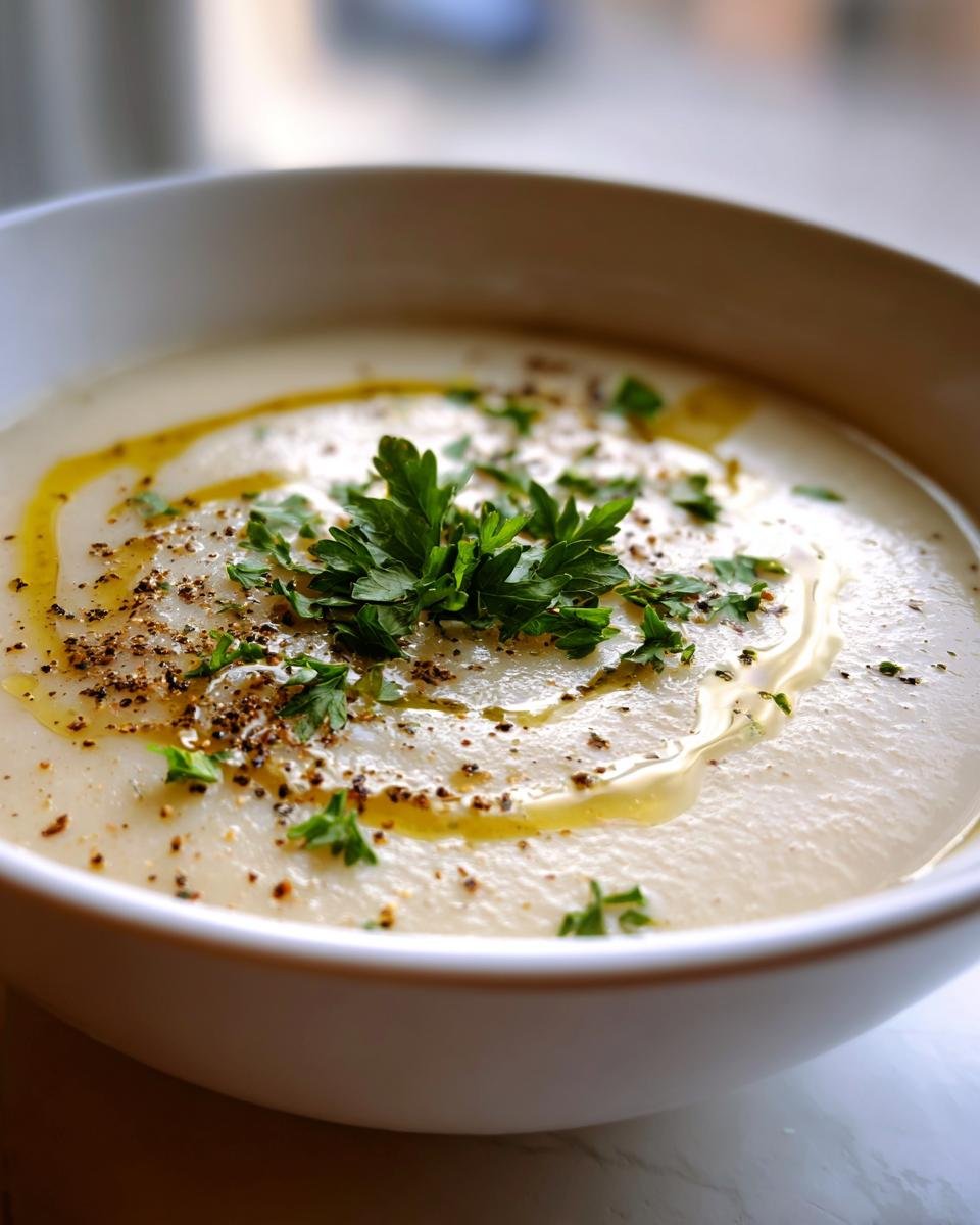 Close-up of a bowl of creamy Cauliflower Soup, drizzled with olive oil and topped with fresh parsley and cracked black pepper.