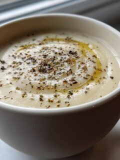 Close-up of creamy Cauliflower Soup in a white mug, topped with cracked black pepper and a swirl of olive oil.