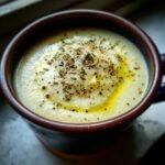 Close-up of creamy Cauliflower Soup in a dark mug, drizzled with olive oil and sprinkled with pepper and herbs.