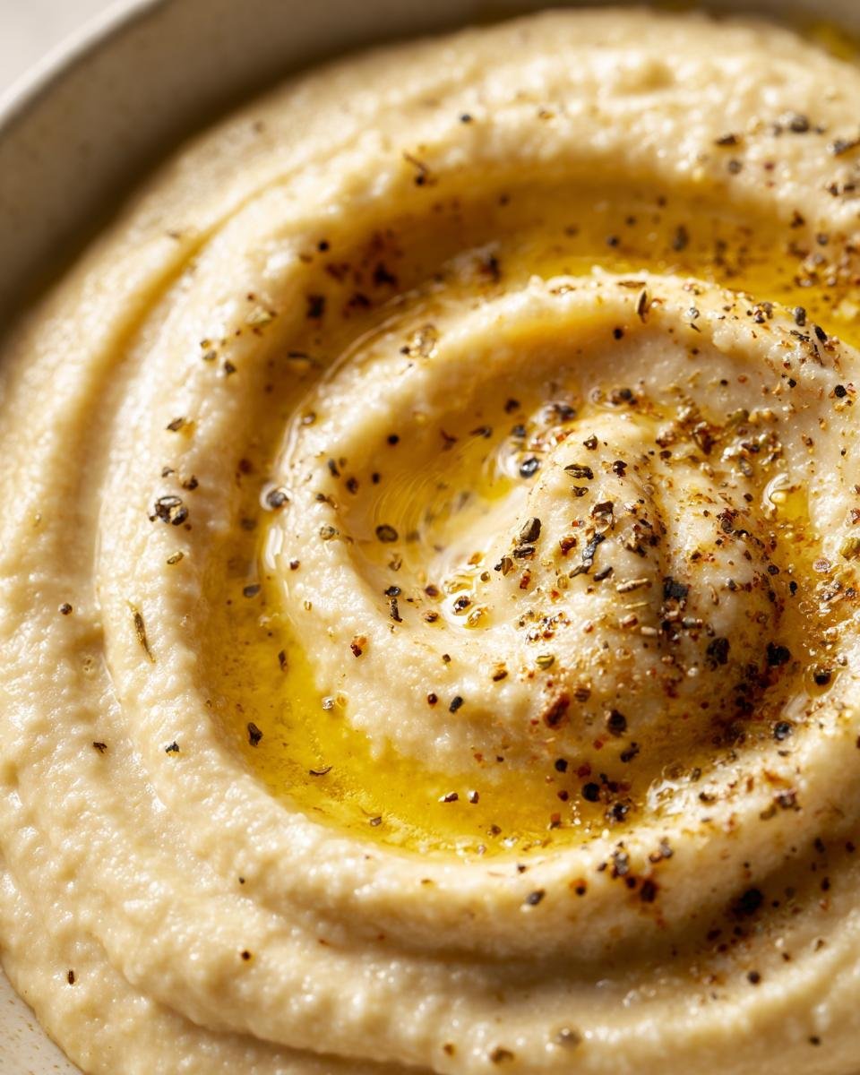 Close-up of thick, creamy Cauliflower Soup swirled and topped with olive oil and cracked pepper.