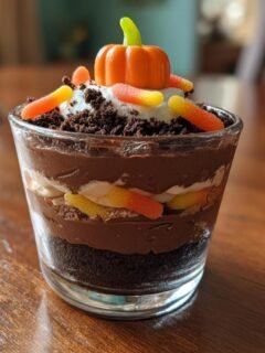 A layered Pumpkin Patch Dirt Cups dessert in a glass, topped with whipped cream, gummy worms, and a candy pumpkin.