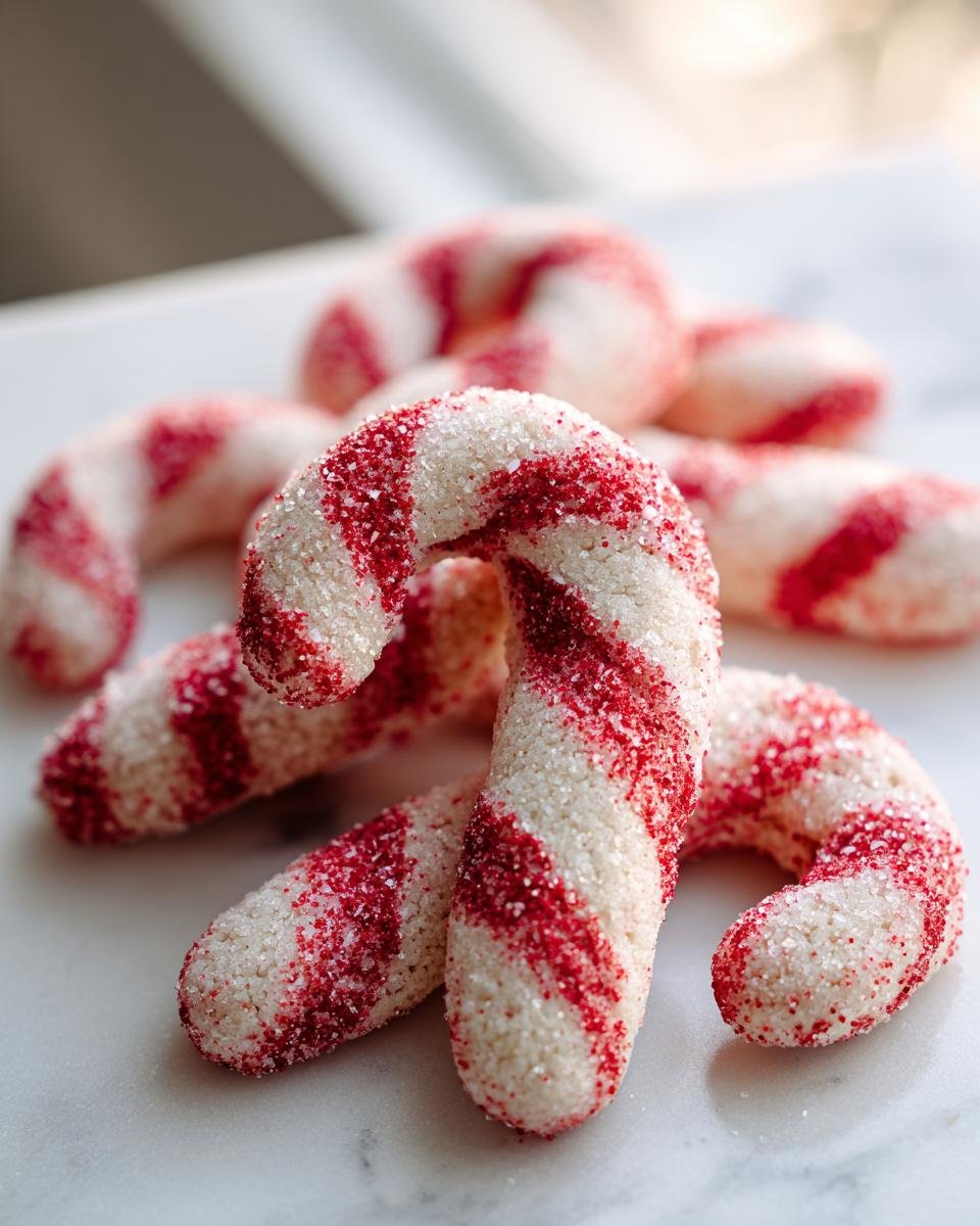 Close-up of several homemade Candy Cane Cookies, featuring white dough with bright red stripes and covered in sparkling sugar.