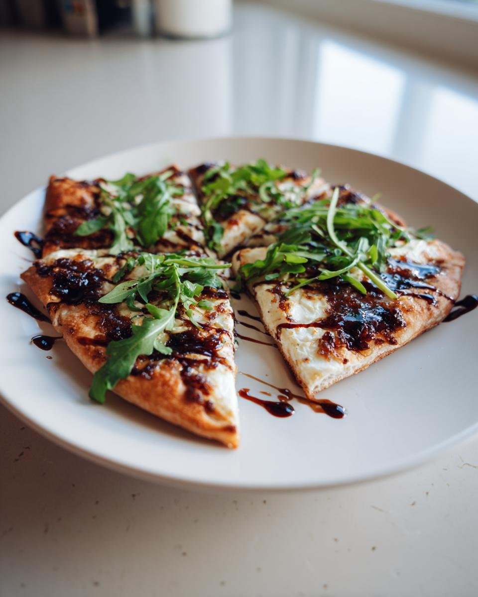 Four slices of Fig Jam Goat Cheese Pizza topped with fresh arugula and balsamic glaze on a white plate.