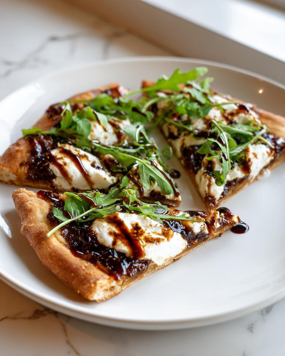 Three slices of Fig Jam Goat Cheese Pizza topped with fresh arugula and balsamic glaze on a white plate.
