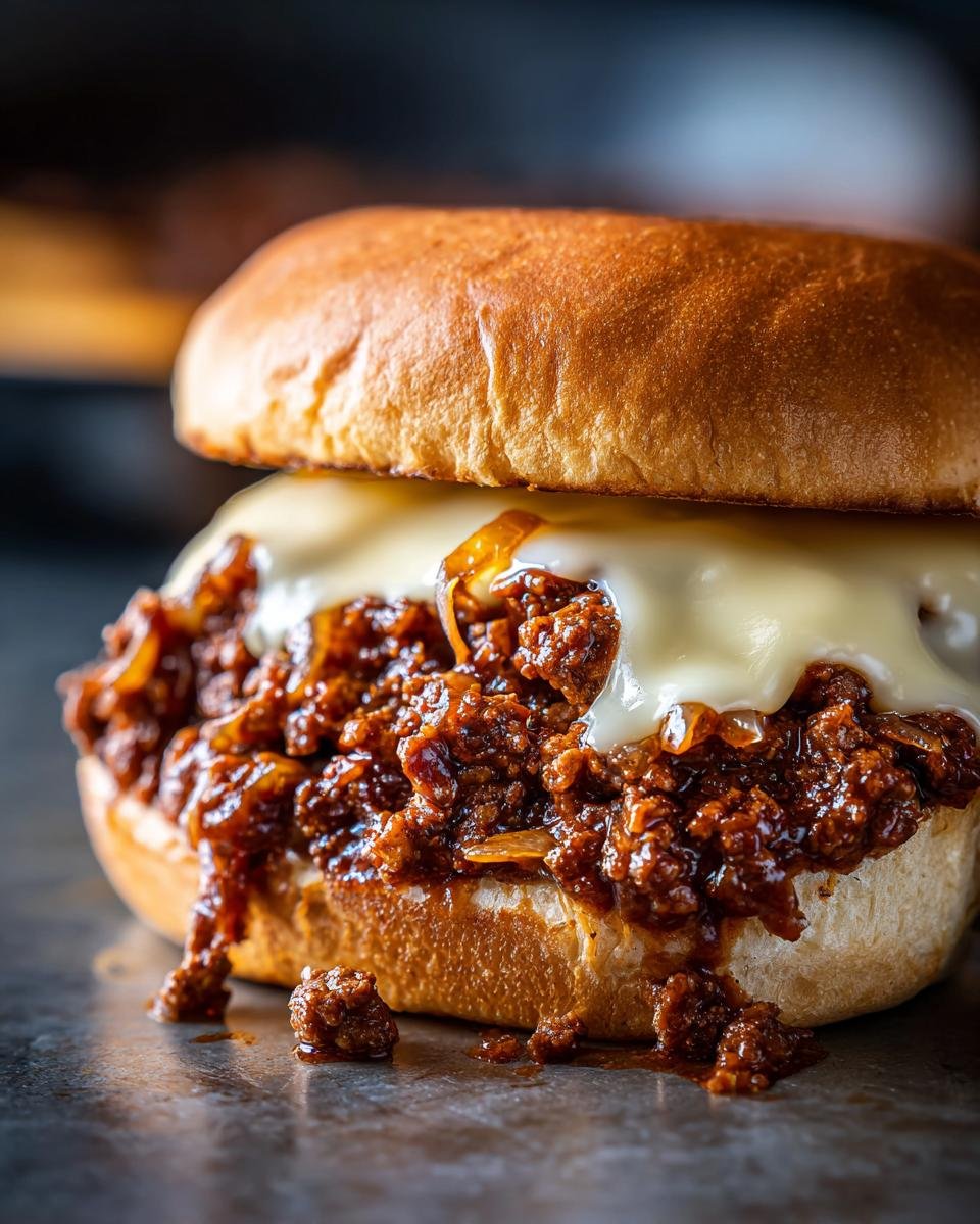 Close-up of a French Onion Sloppy Joes sandwich overflowing with saucy meat and melted cheese on a brioche bun.