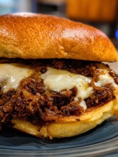 Close-up of a delicious French Onion Sloppy Joes sandwich piled high with caramelized onions and melted Swiss cheese on a brioche bun.