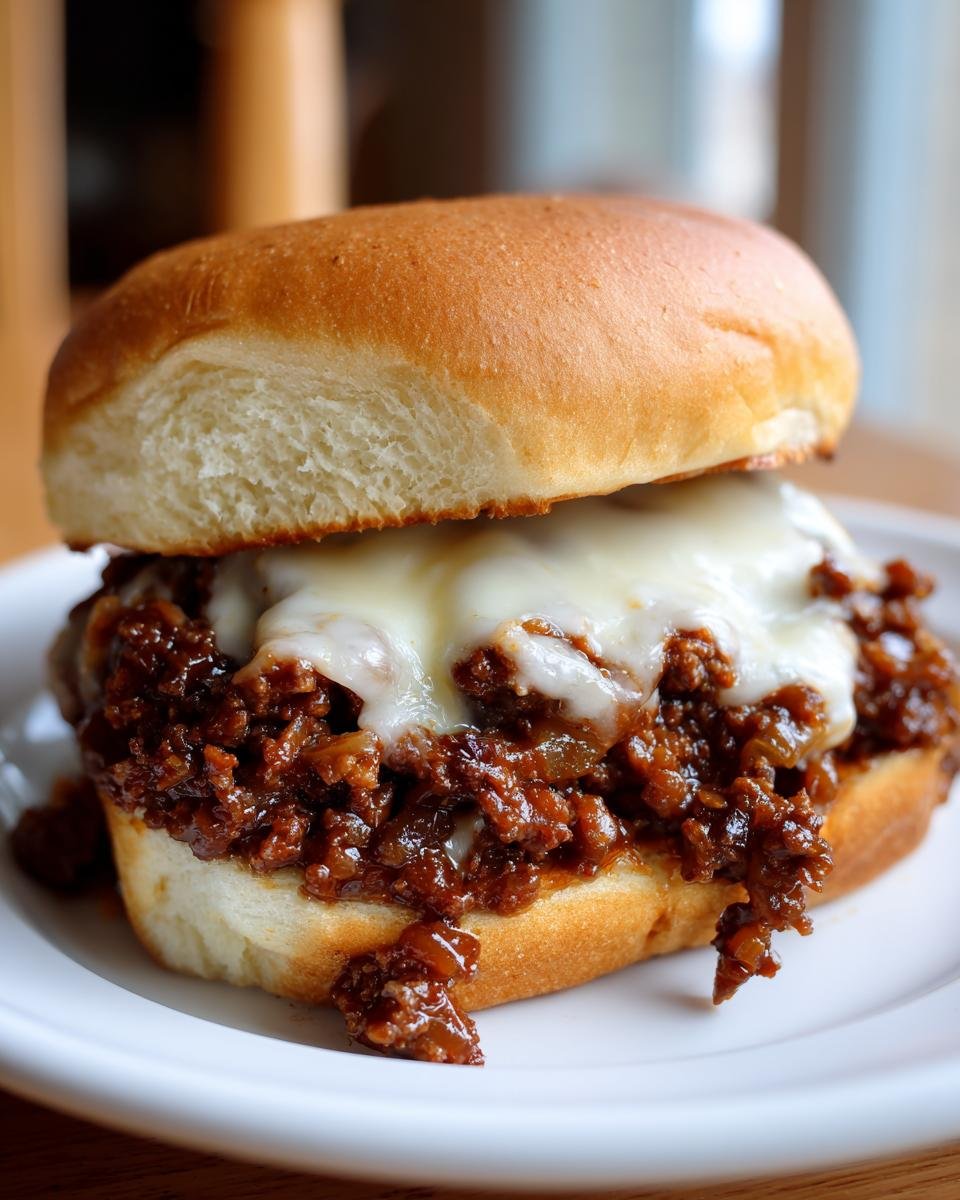 Close-up of a delicious French Onion Sloppy Joes sandwich piled high with savory meat mixture and melted white cheese on a soft bun.