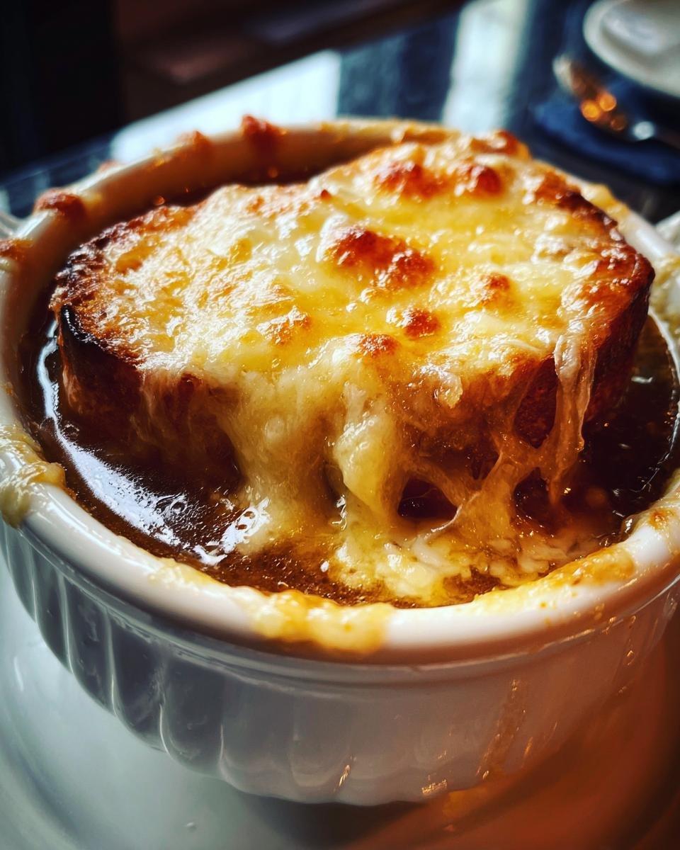 Close-up of rich, bubbling French Onion Soup topped with a thick layer of melted, browned cheese over crouton.