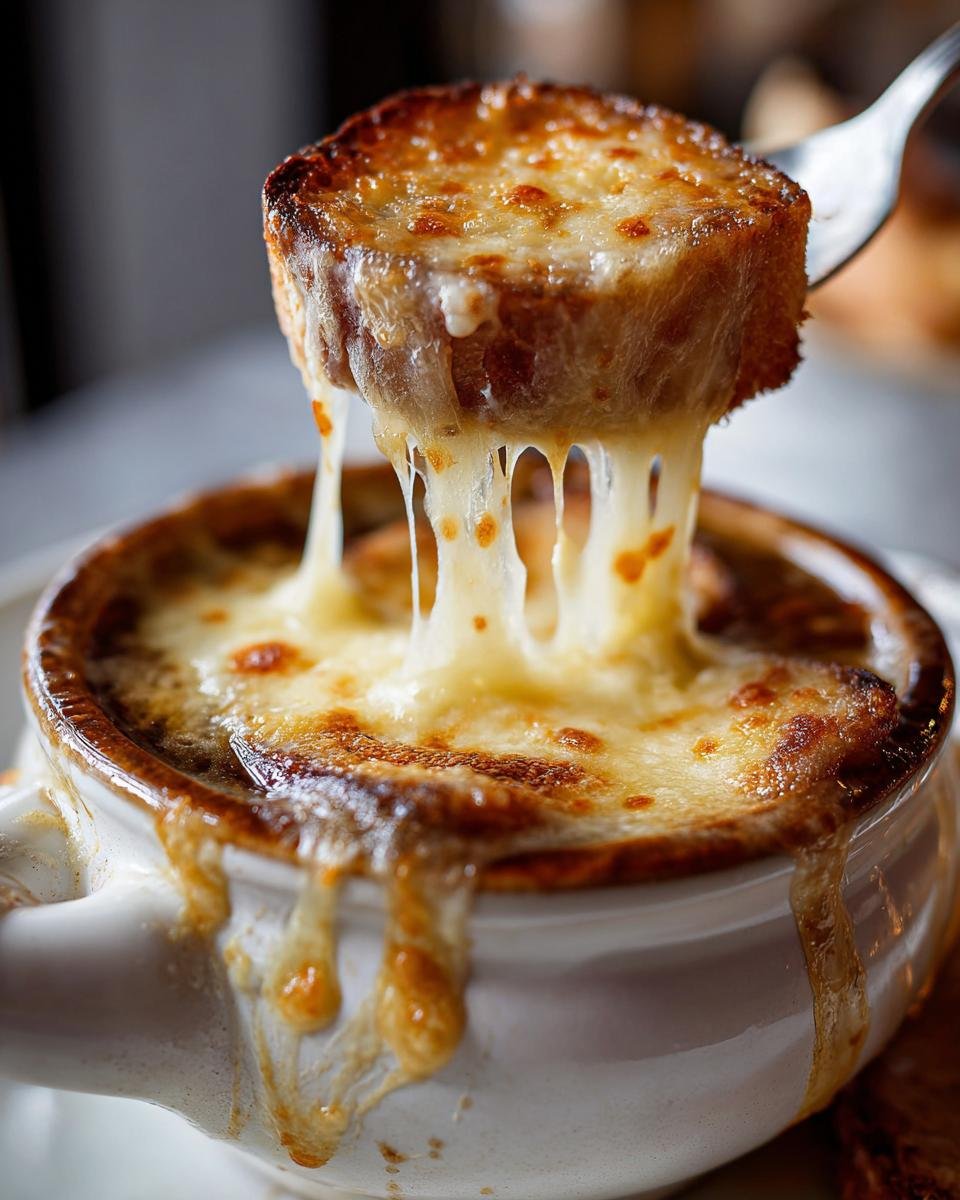A piece of toasted bread covered in melted, stretchy cheese being lifted from a bowl of French Onion Soup.