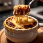 A spoonful lifts a piece of cheesy bread from a bowl of rich French Onion Soup, showing long cheese pulls.
