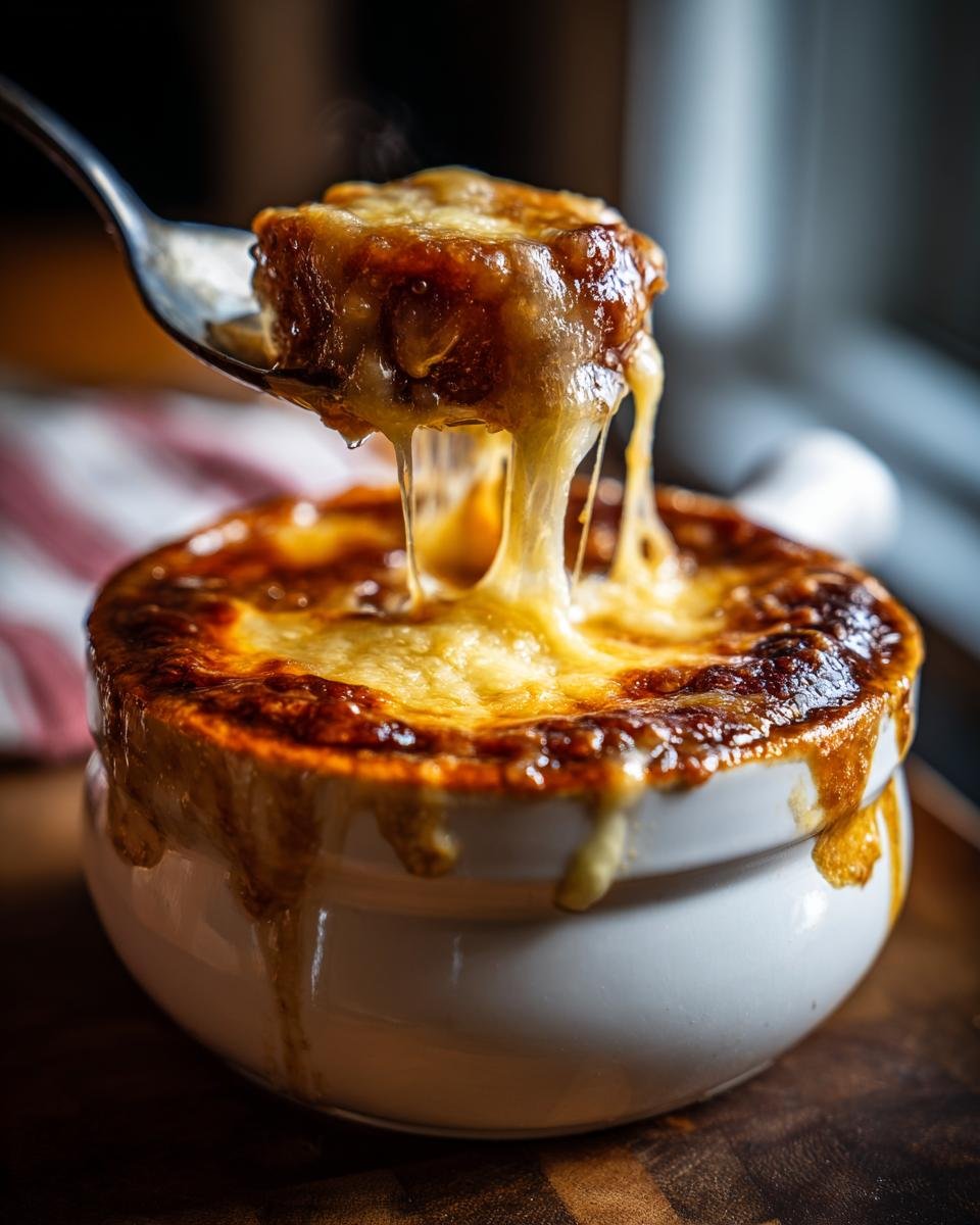 A spoonful lifts a piece of cheesy, toasted bread from a bowl of French Onion Soup, showing long cheese pulls.