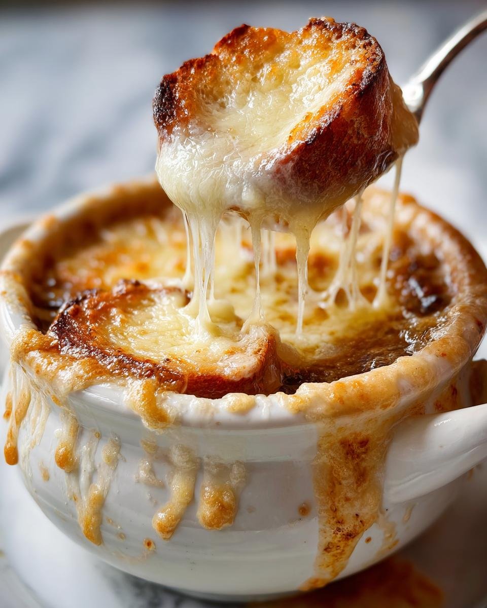 A spoonful of cheesy, toasted bread is lifted from a bowl of bubbling French Onion Soup, showing long cheese pulls.