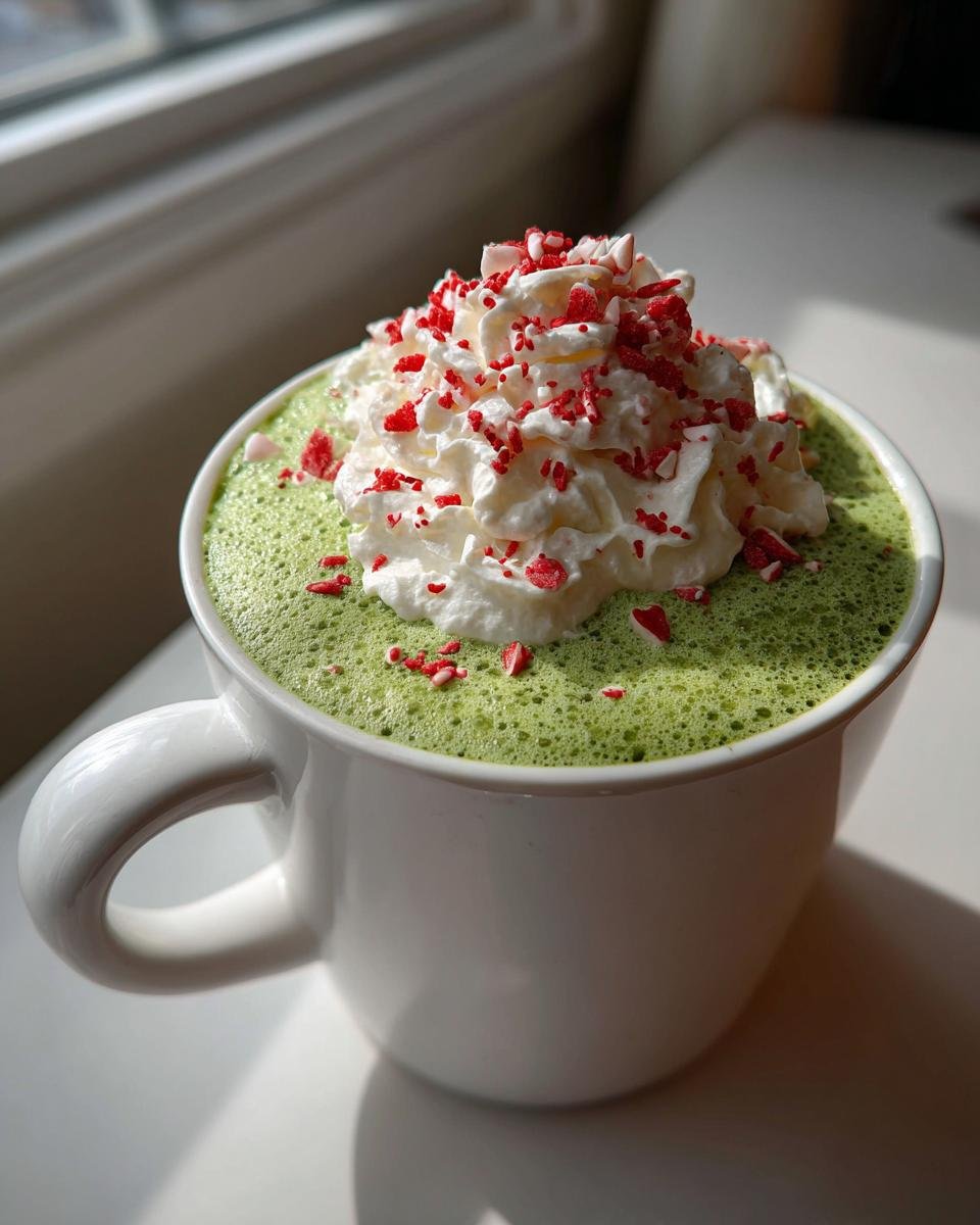 A vibrant green Grinch Hot Chocolate topped with whipped cream and crushed red peppermint candies.