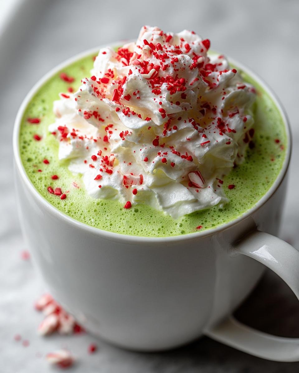 Close-up of bright green Grinch Hot Chocolate topped with whipped cream and crushed red candy canes.