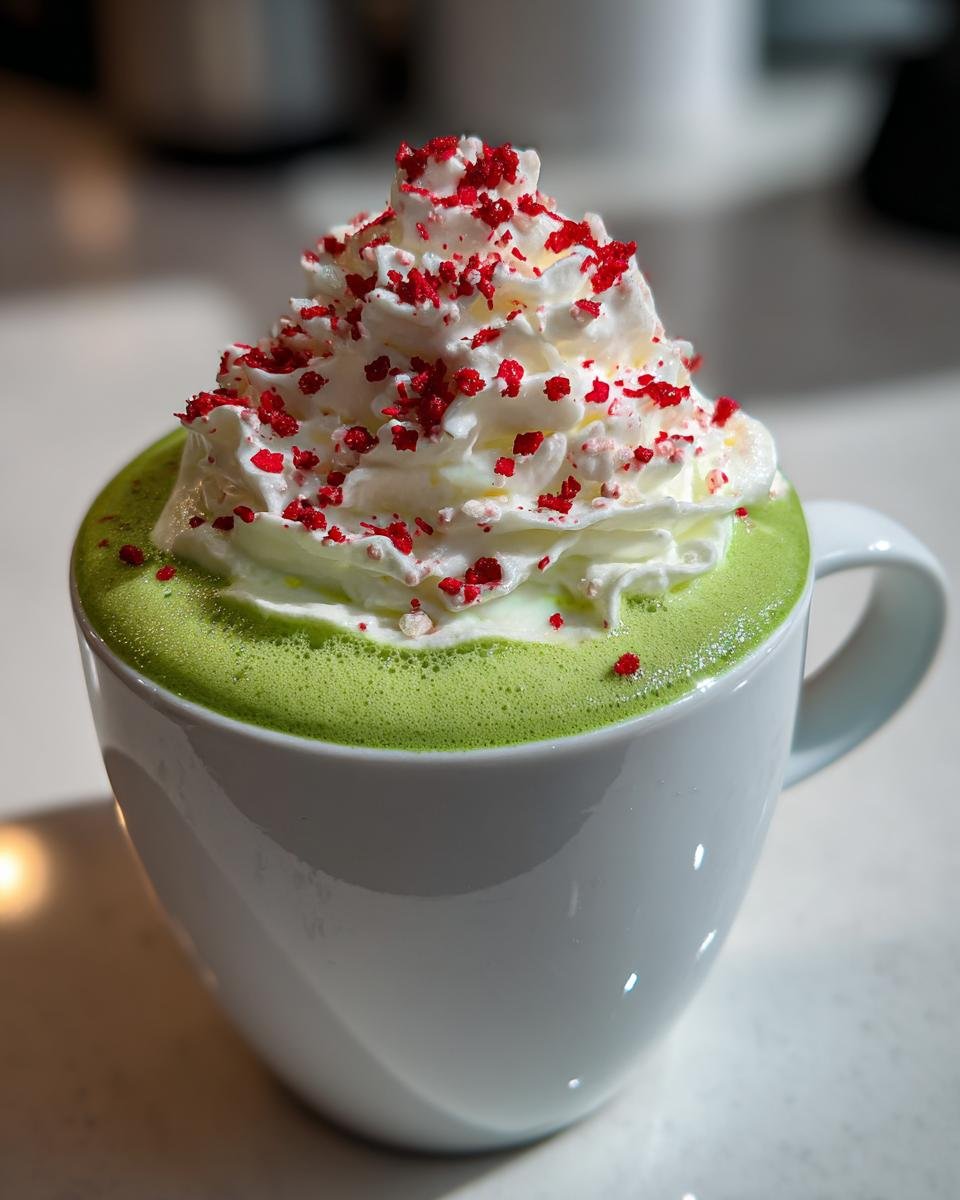 Close-up of a vibrant green Grinch Hot Chocolate topped with whipped cream and red sprinkles.