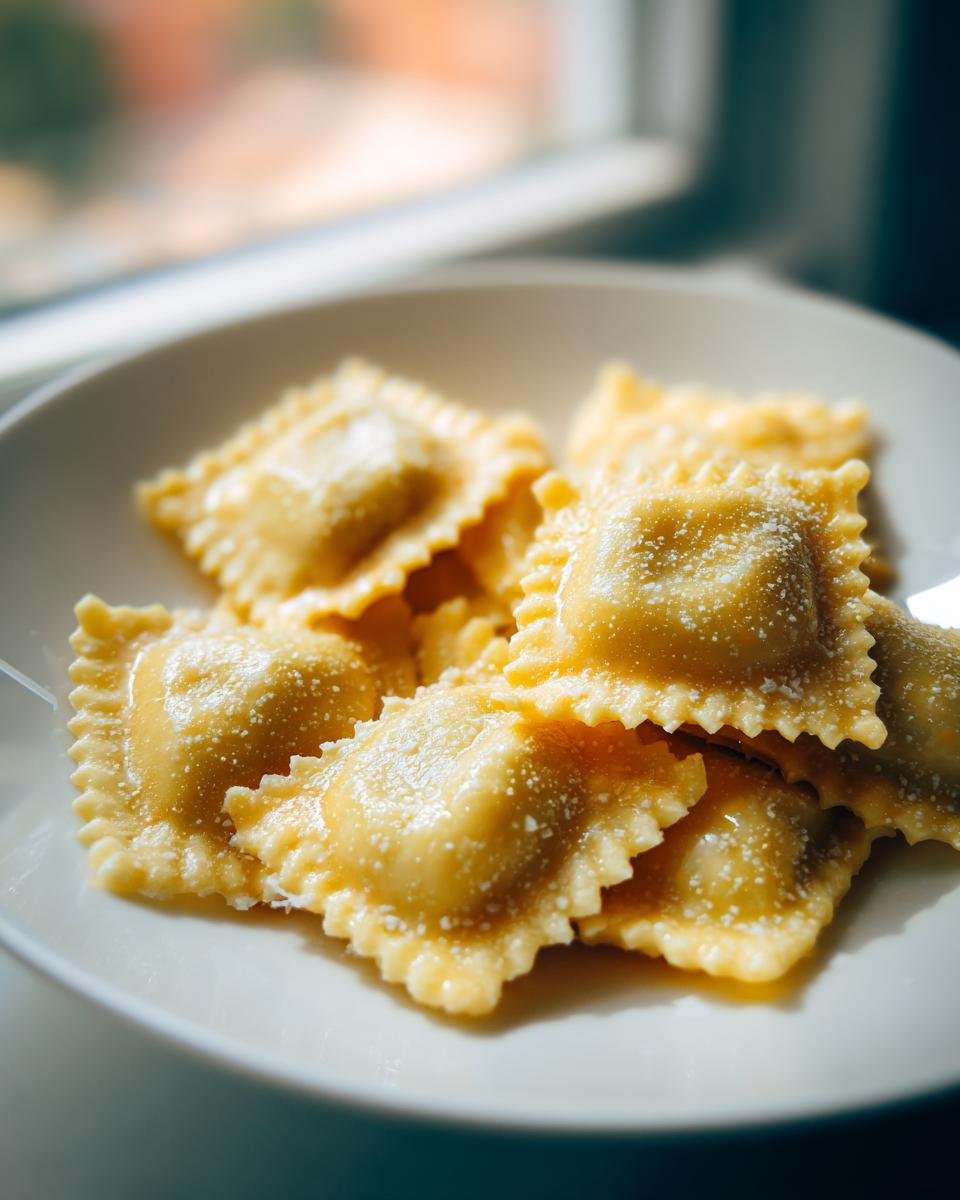 Close-up of several squares of fresh Italian Ravioli dusted lightly with grated cheese on a white plate.
