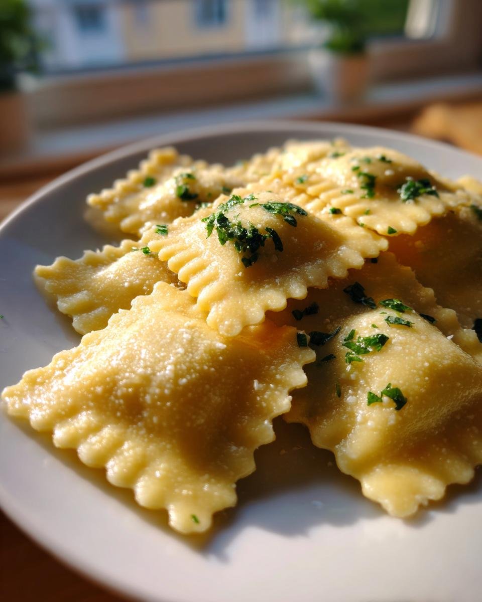 Close-up shot of freshly cooked Italian Ravioli dusted with cheese and topped with chopped parsley on a white plate.