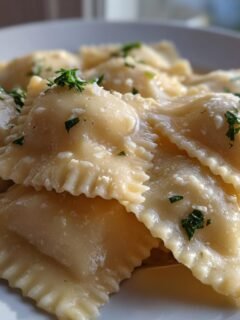 A close-up, bright photo of several pieces of cooked Italian Ravioli drizzled with sauce and topped with fresh parsley.