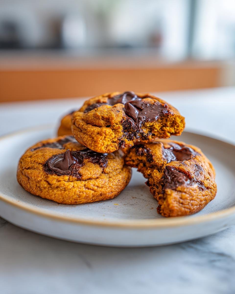 Close-up of soft Milk Chocolate Jack O Lantern Cookies with gooey, melted chocolate chips on a light plate.