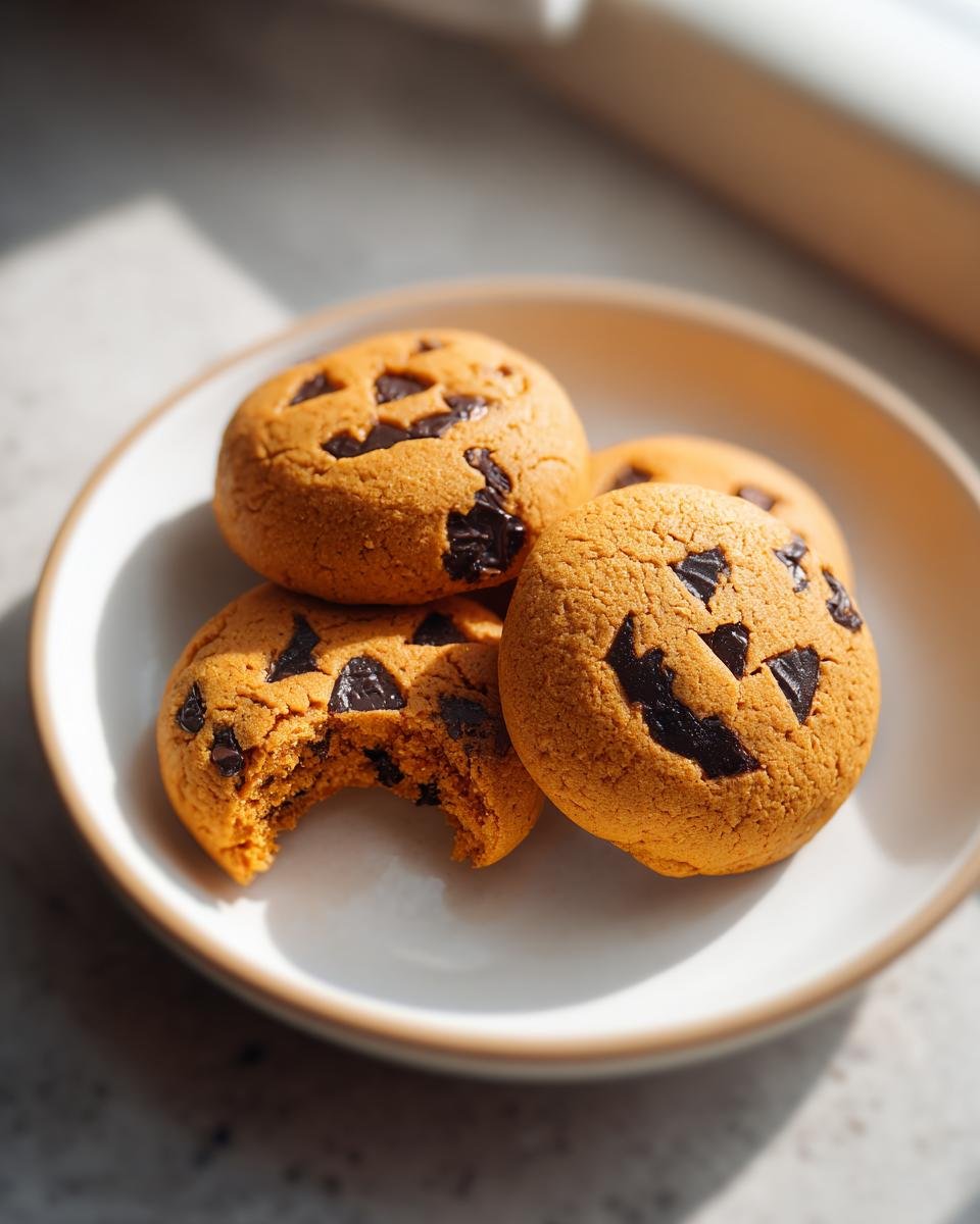 Four golden brown Milk Chocolate Jack O Lantern Cookies stacked on a white plate, one has a bite taken out.