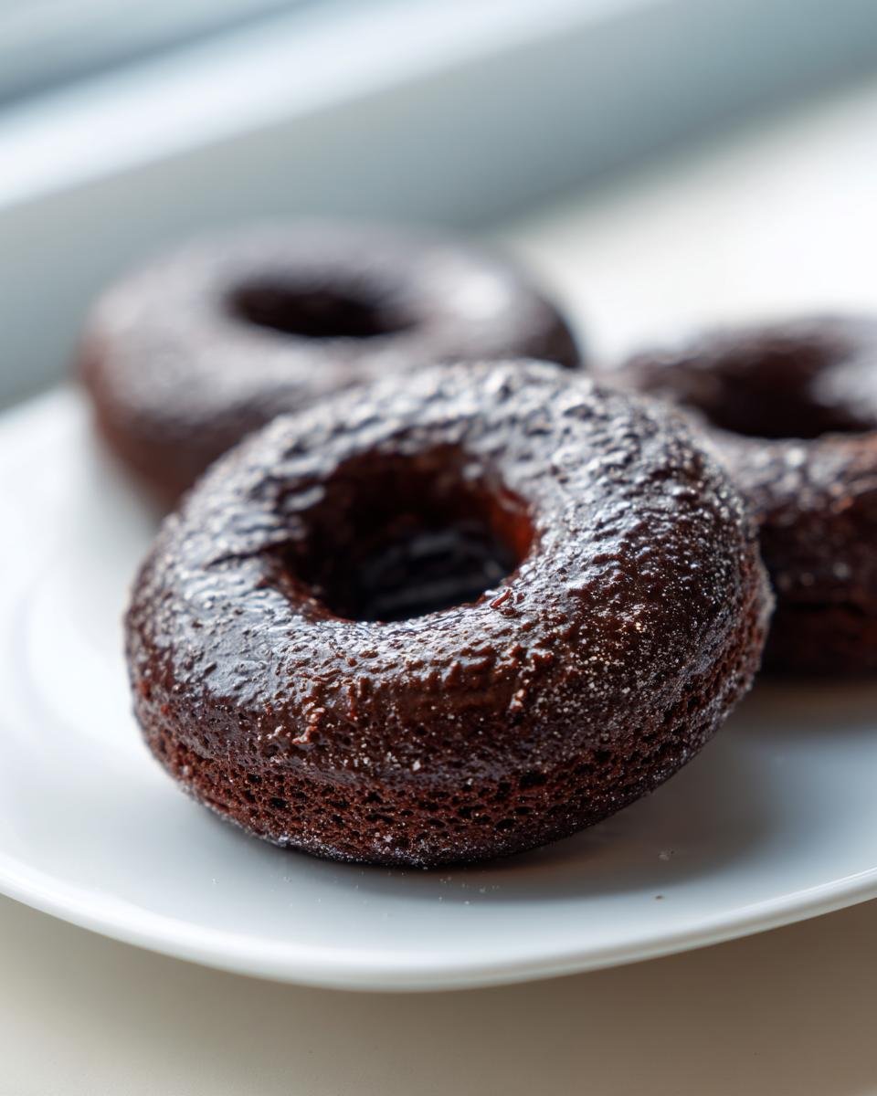 A close-up of three rich, dark Chocolate Doughnuts dusted lightly with sugar, resting on a white plate.