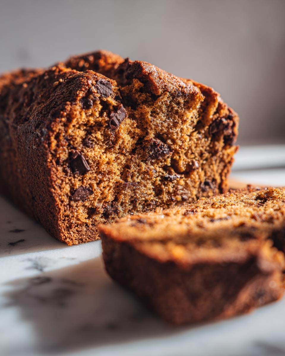 Close-up of a moist Chocolate Pumpkin Bread loaf with a slice cut, showing rich color and chocolate chips.