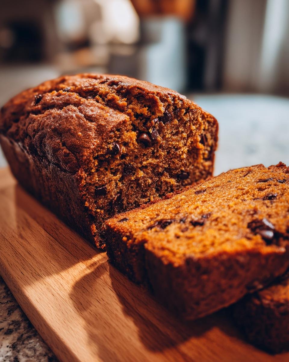A moist Chocolate Pumpkin Bread loaf, partially sliced, revealing chocolate chips inside, resting on a wooden cutting board.