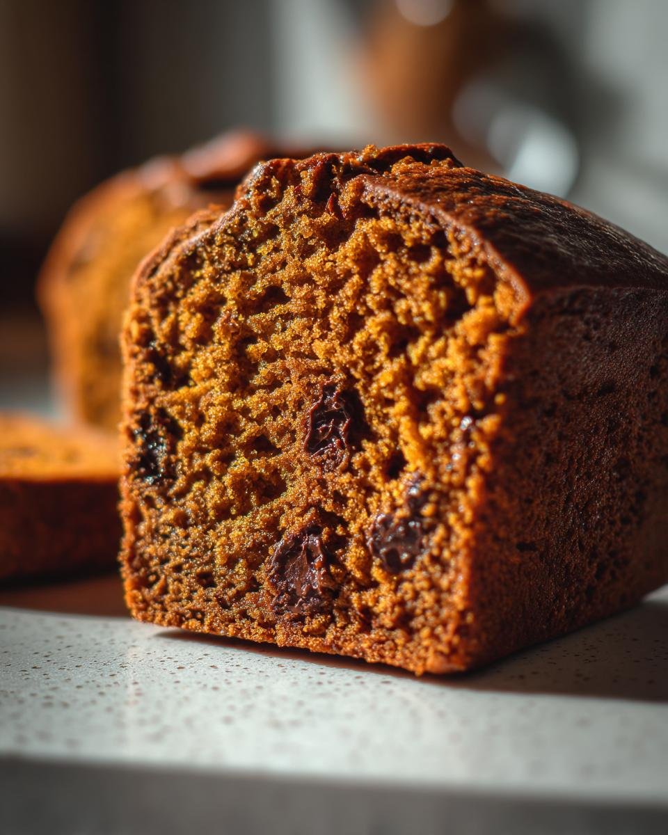 Close-up of a moist slice of Chocolate Pumpkin Bread showing its rich texture and chocolate chips.