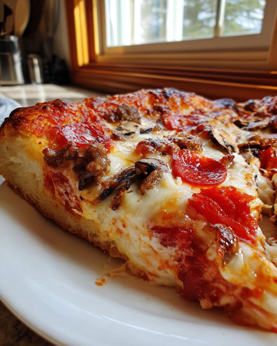 Close-up of a thick slice of Monster Pizza featuring melted cheese, pepperoni, sausage, and mushrooms on a white plate.