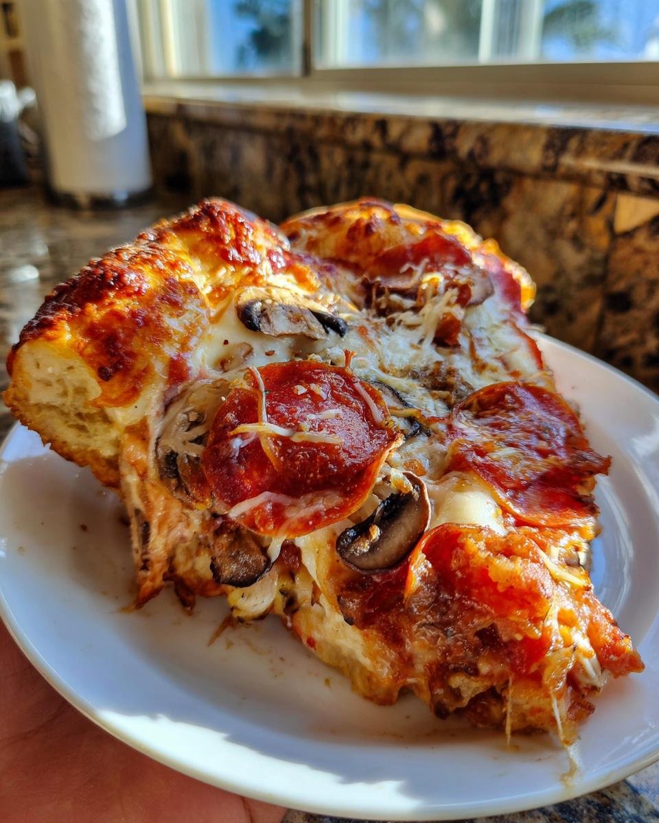 A thick slice of Monster Pizza topped with melted cheese, pepperoni, and mushrooms, served on a white plate.