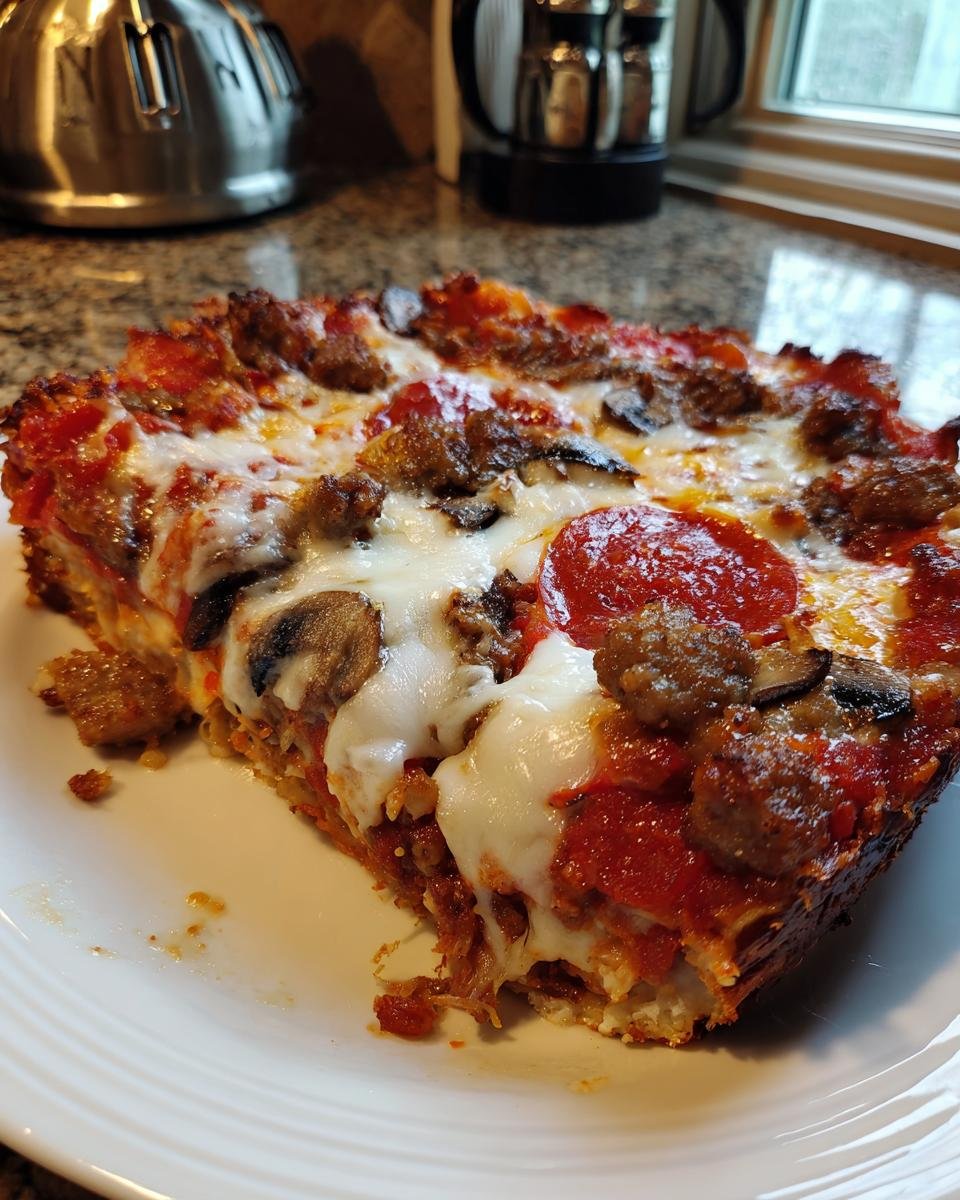 Close-up of a thick slice of Monster Pizza loaded with pepperoni, sausage, mushrooms, and melted cheese.