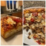 A split image showing a thick slice of Monster Pizza cross-section and a close-up of the toppings including pepperoni, mushrooms, and sausage.