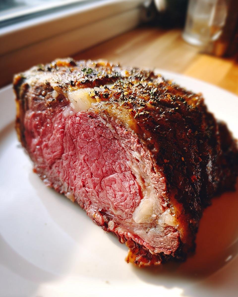 Close-up of a slice of Prime Rib Roast cooked medium-rare with a dark, seasoned crust.