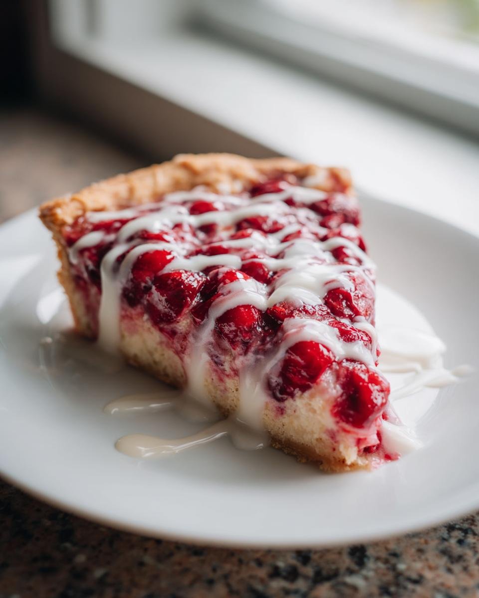 A thick slice of Pizza Hut Cherry Dessert Pizza topped with bright red cherries and drizzled with white icing.