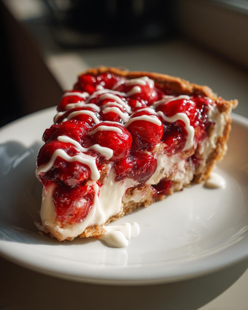 A close-up slice of Pizza Hut Cherry Dessert Pizza featuring a thick layer of cherries, cream cheese filling, and white icing drizzle.