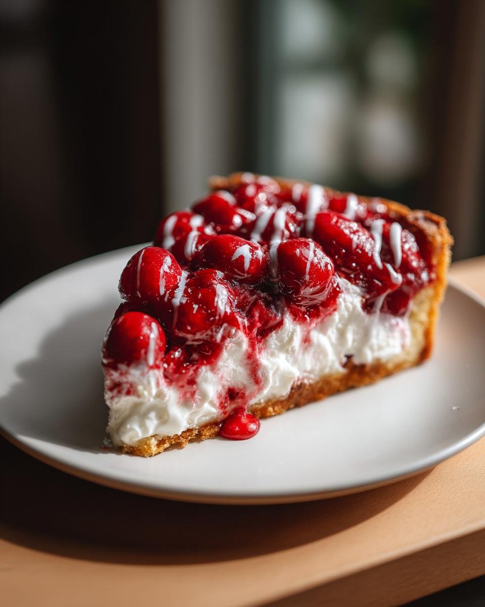 A decadent slice of Pizza Hut Cherry Dessert Pizza featuring a thick cream cheese layer topped with glossy cherries and white icing drizzle.