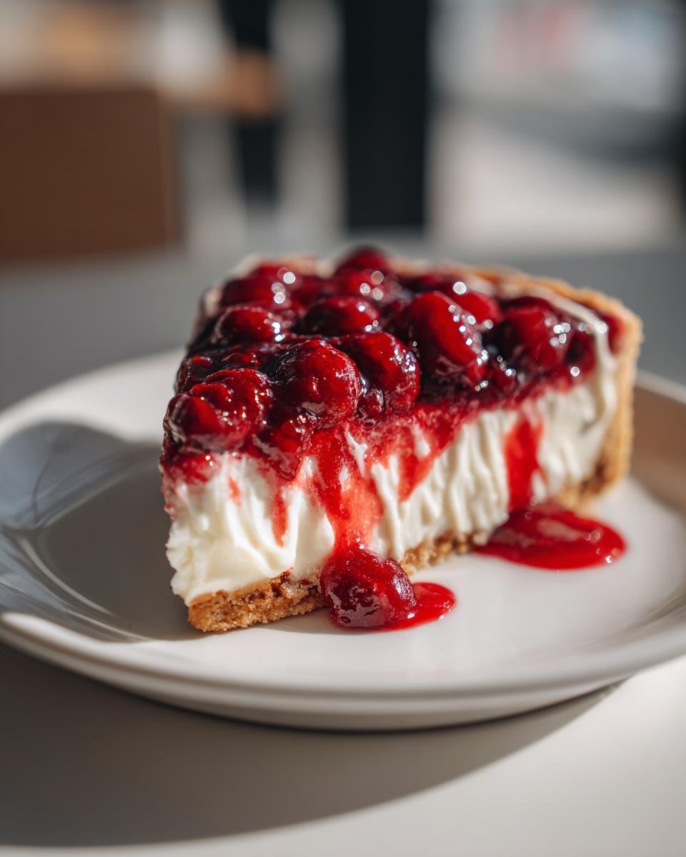 A close-up of a slice resembling cheesecake or dessert pizza topped with glossy cherry filling, mimicking the Pizza Hut Cherry Dessert Pizza.