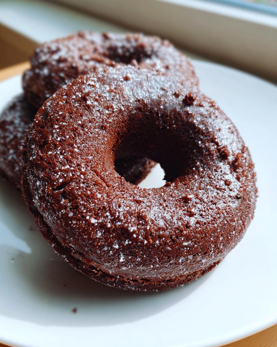 Close-up of rich, dark Chocolate Doughnuts dusted heavily with powdered sugar on a white plate.