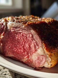 A cross-section view of a perfectly cooked medium-rare Prime Rib Roast showing a deep red interior and a dark, seasoned crust.