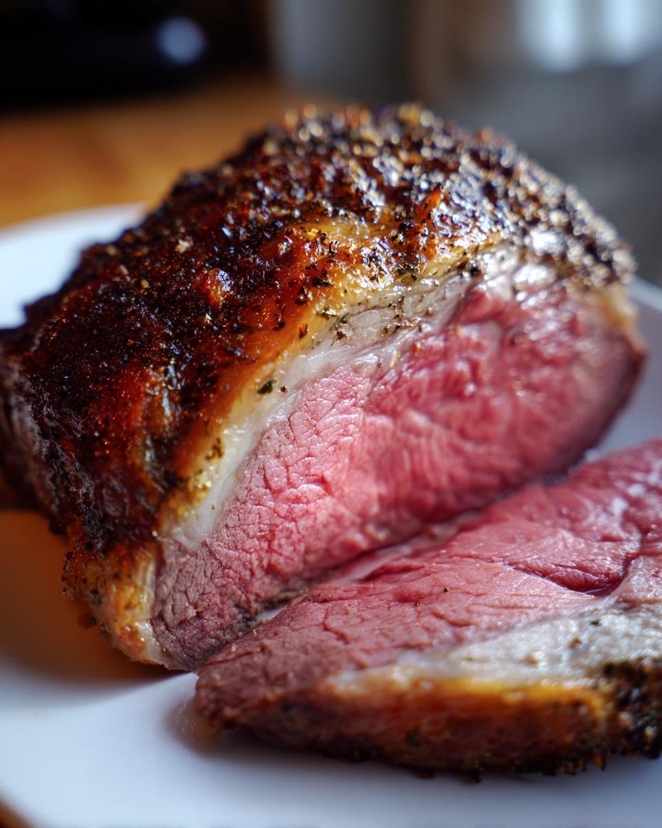 Close-up of a perfectly cooked Prime Rib Roast showing a medium-rare pink center and a dark, seasoned crust.