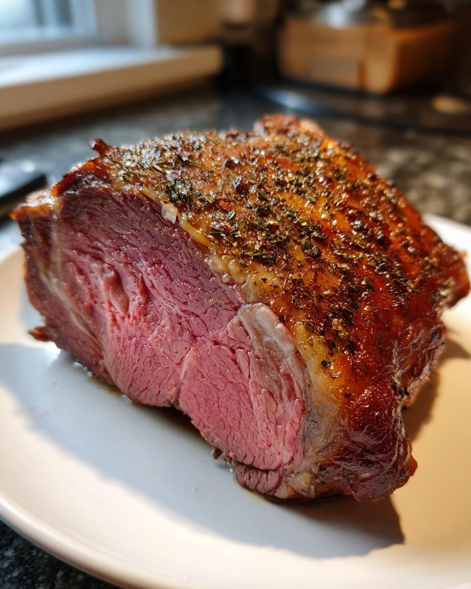 Close-up of a medium-rare Prime Rib Roast slice showing a beautifully seasoned, browned crust and pink interior.