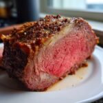 Close-up of a perfectly cooked slice of Prime Rib Roast showing a medium-rare pink center and seasoned crust.
